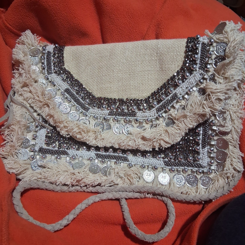 Antik Kraft Cream and Silver Beaded Bohemian Fringe Coins Crossbody Bag Purse